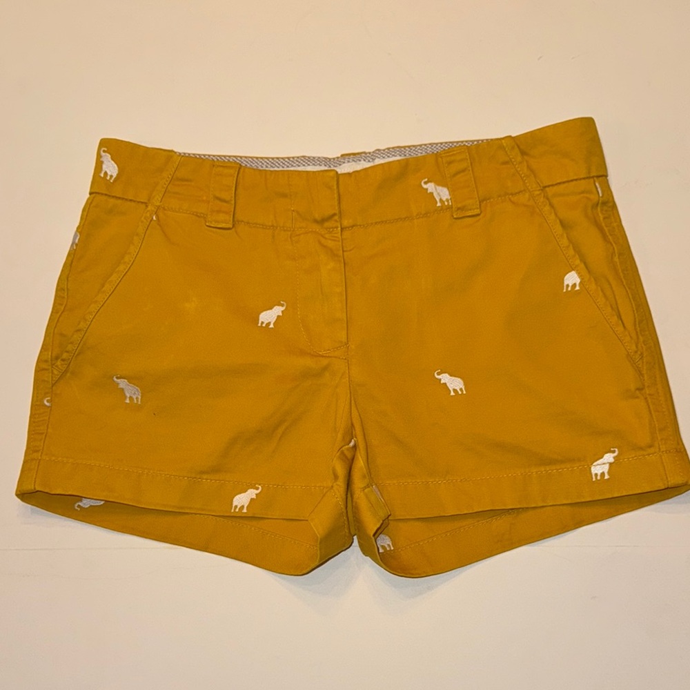 J. Crew Yellow Broken In Chino Shorts with embroidered white elephants sz 0